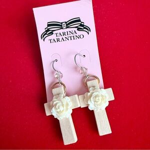 Tarina Tarantino Gothic Garden "Mary" Floral Cross Earrings Ivory Lucite NWT
